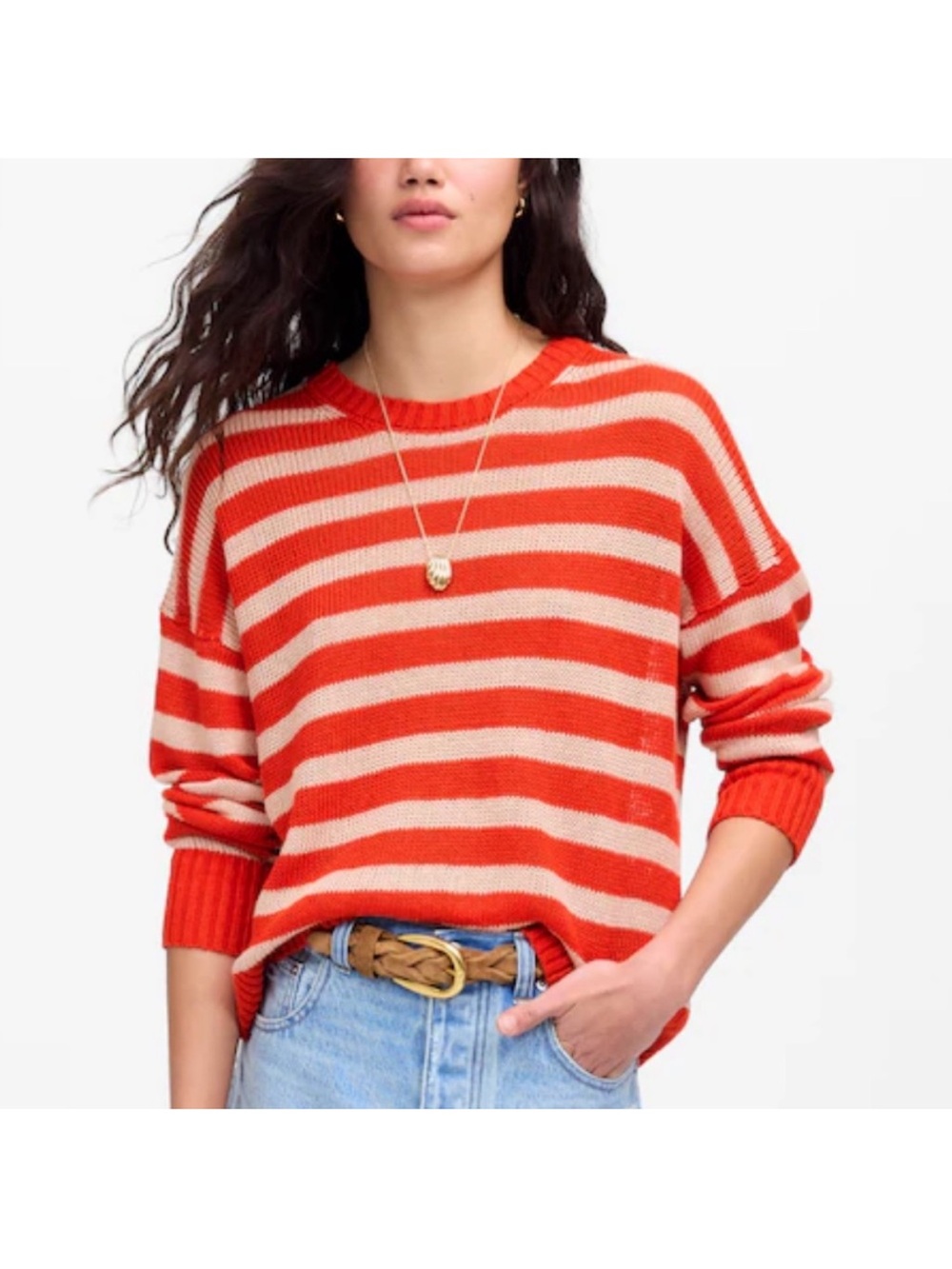 Madewell Linen Drop-Shoulder Sweater Bright Flame Stripe Orange Summer 2025-M